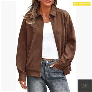 Oversized Faux Suede Bomber Jacket Women's Relaxed Fit Long Sleeve